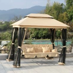 Outsunny 3 Seater Swing Chair 3-in-1 Convertible Garden Swing Seat Bed Gazebo Patio Bench Outdoor With Double Tier Canopy, Cushioned Seat, Mesh Sidewalls, Beige -OUTSUNNY Shop uto4a017dc4c2349d