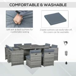 Outsunny 9 Pieces PE Rattan Cube Garden Furniture Set With Cushions, Outdoor Dining Table Set With 4 Armchair, 4 Single Seat, And Glass Top Table W/ Umbrella Hole, Mixed Grey -OUTSUNNY Shop v4ib1017eecc28a6f